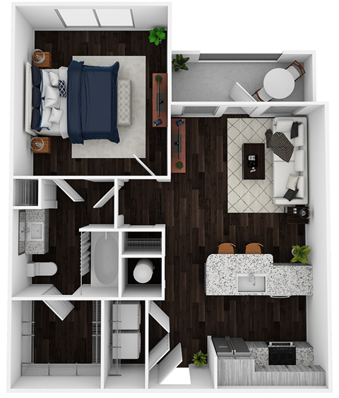 Floor plan for 1 bed, 1 bath, 661 sqft